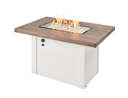 The Outdoor GreatRoom Company Havenwood 44-Inch Rectangular Gas Fire Pit Table with Driftwood Everblend Top and 24-Inch Crystal Fire Burner - White - HVDW-1224-K