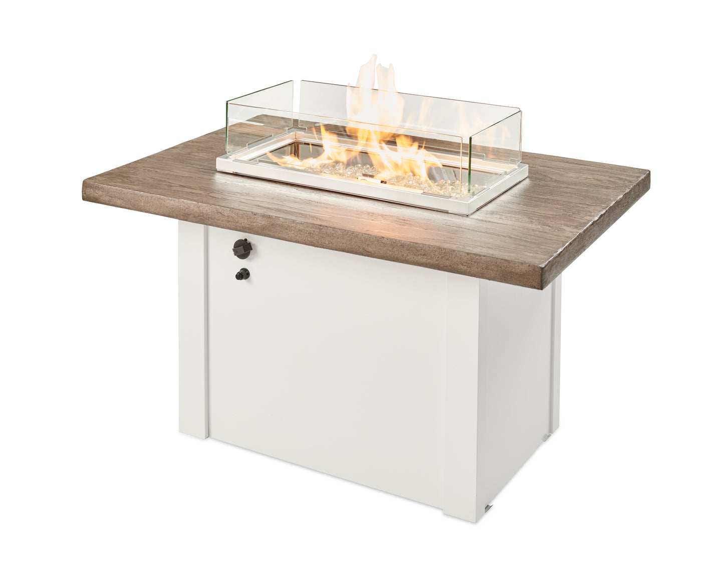 The Outdoor GreatRoom Company Havenwood 44-Inch Rectangular Gas Fire Pit Table with Driftwood Everblend Top and 24-Inch Crystal Fire Burner - White - HVDW-1224-K