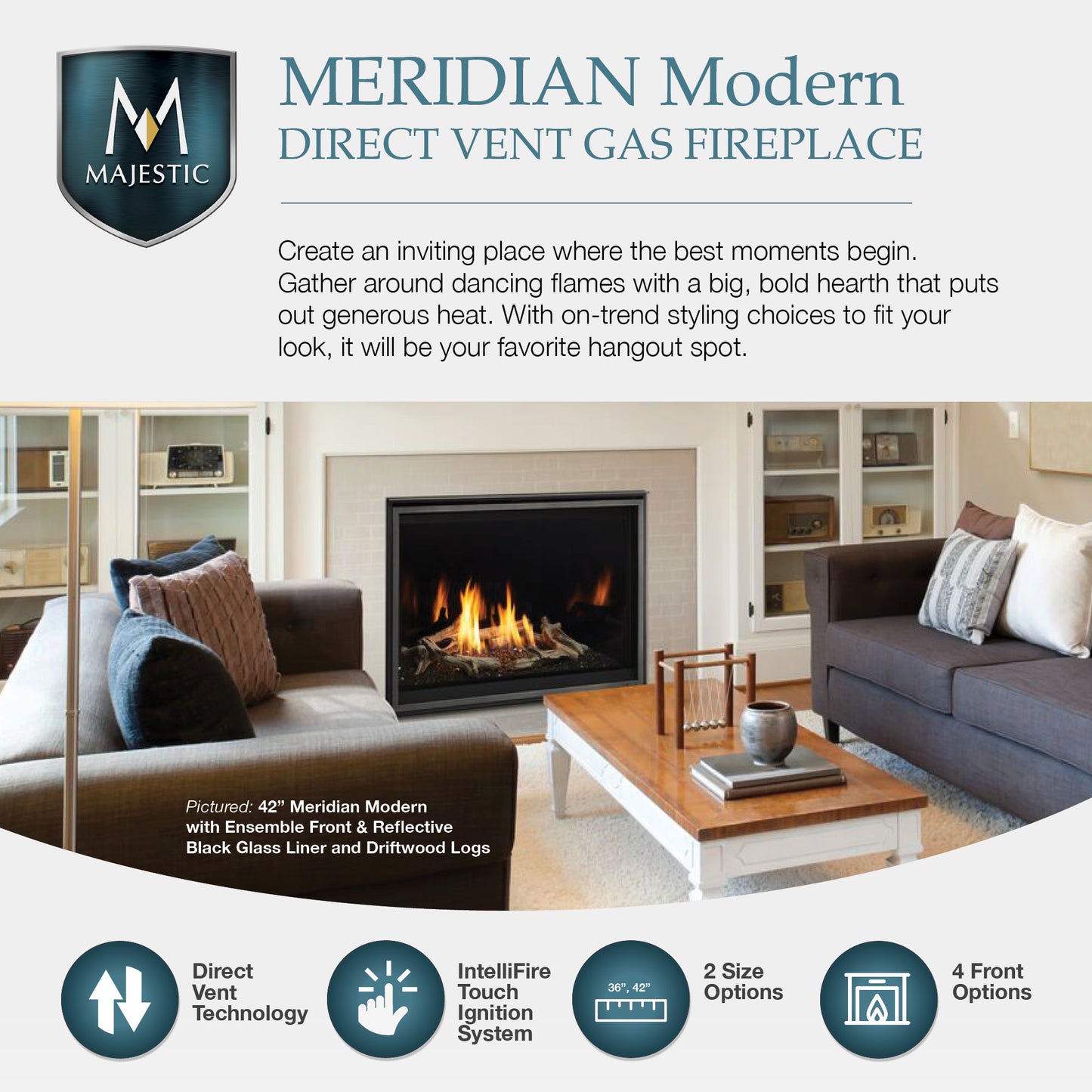 Majestic 36 Meridian Modern Gas Fireplace with IntelliFire Touch Ignition - MER36MN