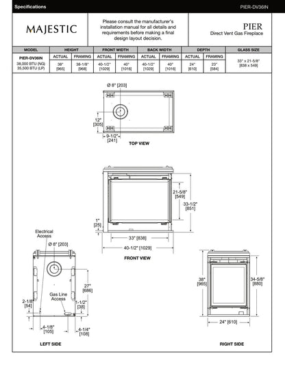 Majestic 36 Pier Direct Vent Multi Side Top/Rear Gas Fireplace - PIER-DV36IN