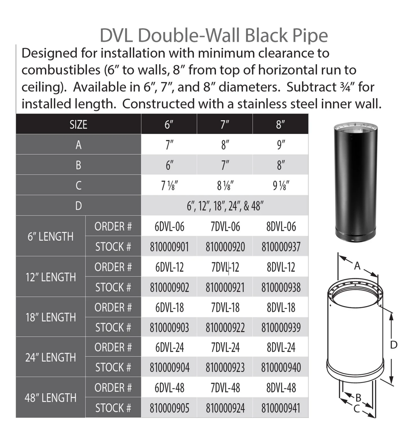 Superior DuraVent DVL Black 12 Inch Pipe Length - 6DVL-12