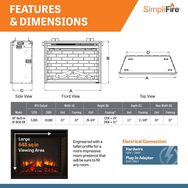 SimpliFire Built-In 30 inch Electric Fireplace SF-BI30-EB