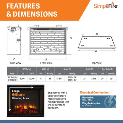 SimpliFire Built-In 30 inch Electric Fireplace SF-BI30-EB