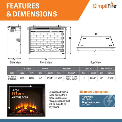 SimpliFire Built-In 36" Electric Fireplace SF-BI36-EB