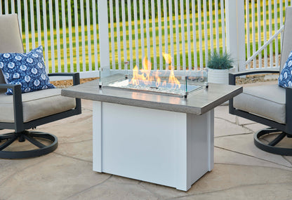 The Outdoor GreatRoom Company Havenwood 44-Inch Rectangular Gas Fire Pit Table with Driftwood Everblend Top and 24-Inch Crystal Fire Burner - White - HVDW-1224-K