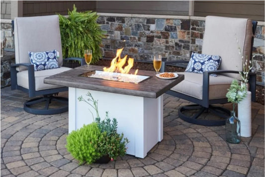 The Outdoor GreatRoom Company Havenwood 44-Inch Rectangular Propane Gas Fire Pit Table with Stone Grey Everblend Top and 24-Inch Crystal Fire Burner - White - HVGW-1224-K